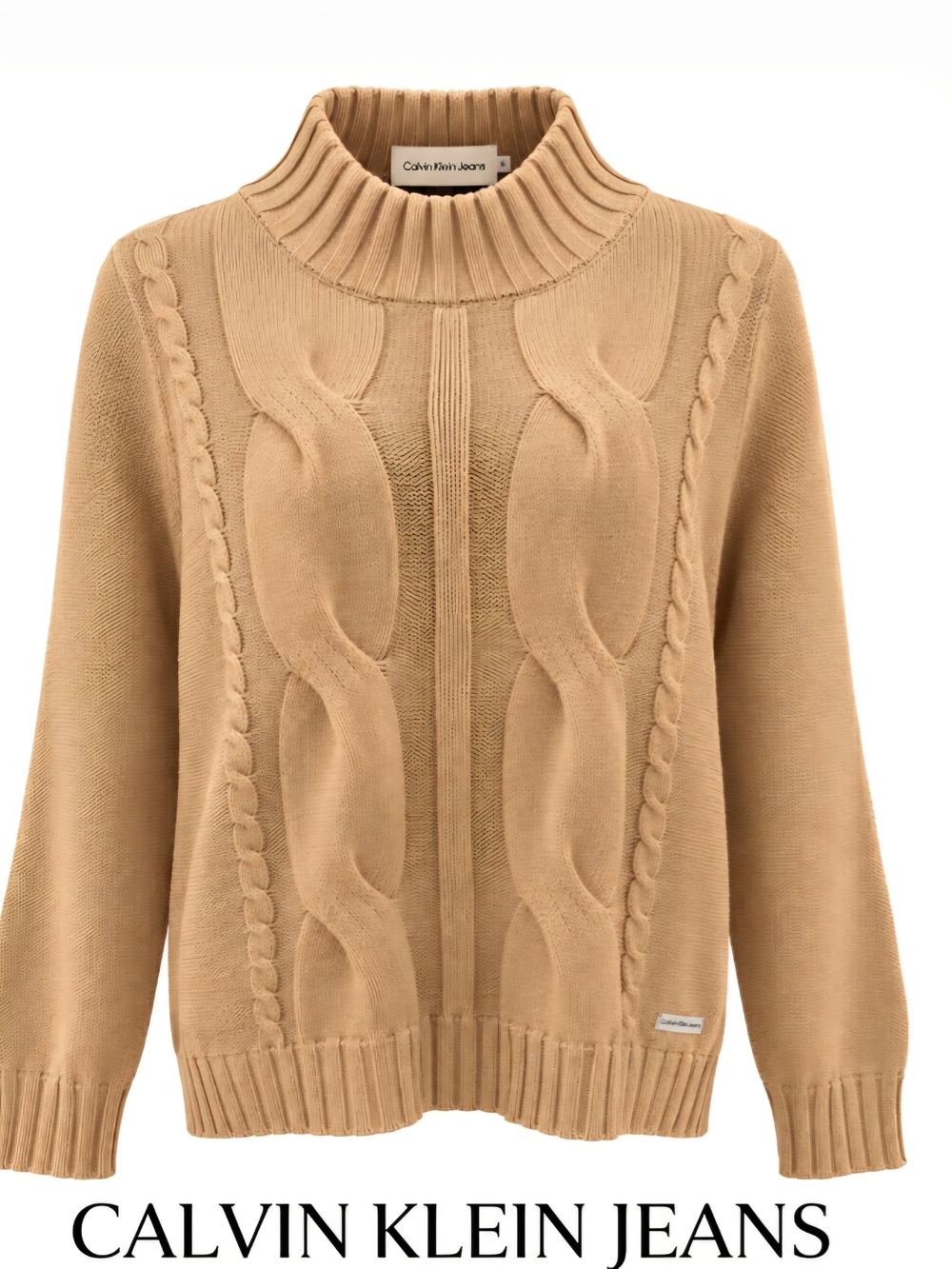 Fall Winter Calvin Klein Jeans Women's Camel Cable-Knit Turtleneck Sweater